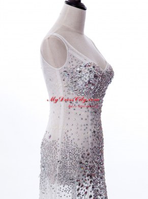 White Column/Sheath Tulle Scoop Sleeveless Beading With Train Zipper Prom Evening Gown Sweep Train