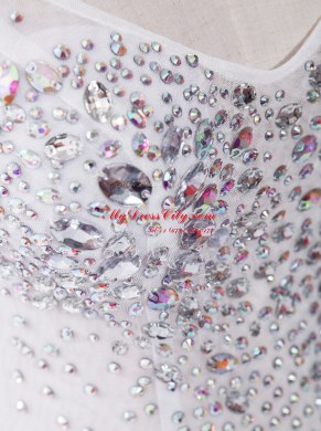 White Column/Sheath Tulle Scoop Sleeveless Beading With Train Zipper Prom Evening Gown Sweep Train