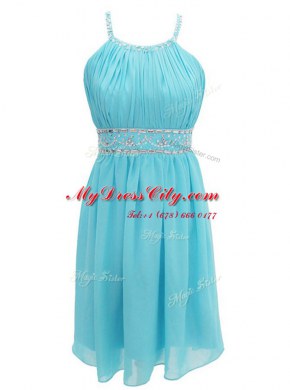 Dazzling Aqua Blue Chiffon Criss Cross Halter Top Sleeveless Knee Length Prom Gown Beading