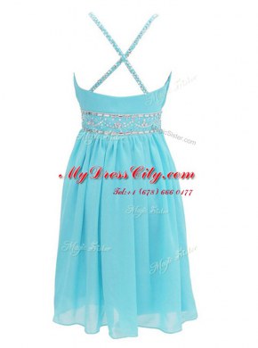 Dazzling Aqua Blue Chiffon Criss Cross Halter Top Sleeveless Knee Length Prom Gown Beading