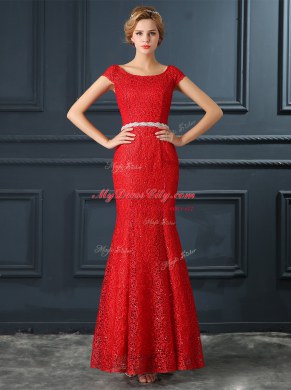 Mermaid Dress for Prom Red Scoop Lace Cap Sleeves Floor Length Lace Up