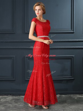 Mermaid Dress for Prom Red Scoop Lace Cap Sleeves Floor Length Lace Up