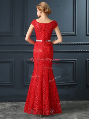 Mermaid Dress for Prom Red Scoop Lace Cap Sleeves Floor Length Lace Up