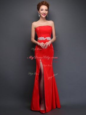 Fashionable Red Mermaid Strapless Sleeveless Satin Floor Length Lace Up Beading Homecoming Dress