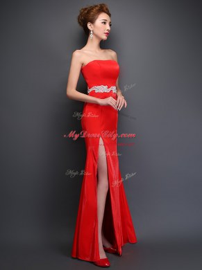 Fashionable Red Mermaid Strapless Sleeveless Satin Floor Length Lace Up Beading Homecoming Dress