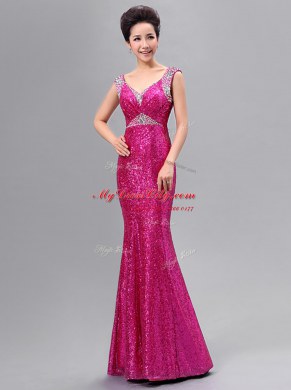 Spectacular Mermaid Fuchsia Sleeveless Sequins Floor Length Prom Dresses