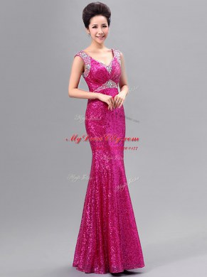 Spectacular Mermaid Fuchsia Sleeveless Sequins Floor Length Prom Dresses