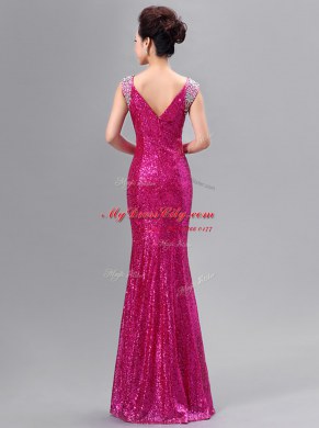 Spectacular Mermaid Fuchsia Sleeveless Sequins Floor Length Prom Dresses