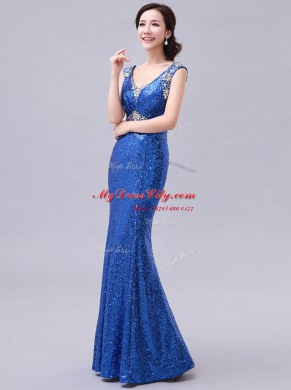 Spectacular Mermaid Fuchsia Sleeveless Sequins Floor Length Prom Dresses