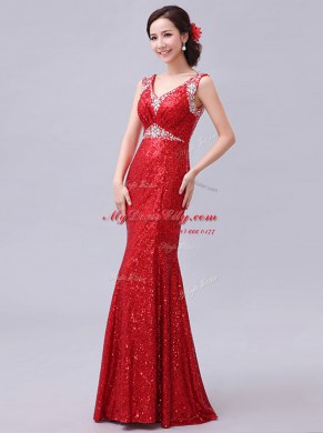 Spectacular Mermaid Fuchsia Sleeveless Sequins Floor Length Prom Dresses
