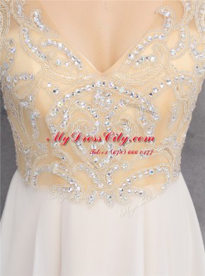 Champagne Chiffon Zipper V-neck Sleeveless Knee Length Prom Dress Beading