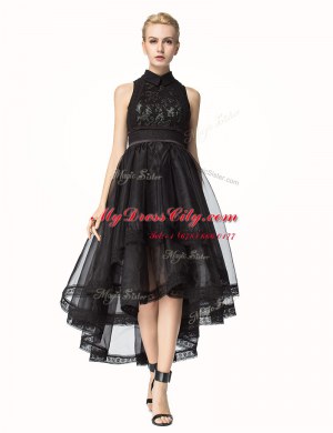 Fine Black High-neck Zipper Lace Prom Dress Sleeveless