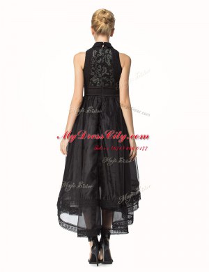 Fine Black High-neck Zipper Lace Prom Dress Sleeveless