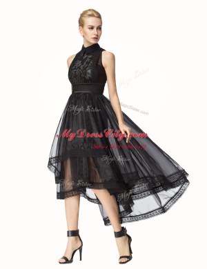 Fine Black High-neck Zipper Lace Prom Dress Sleeveless