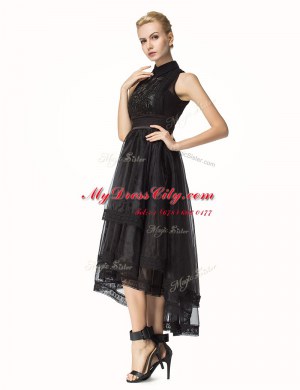 Fine Black High-neck Zipper Lace Prom Dress Sleeveless