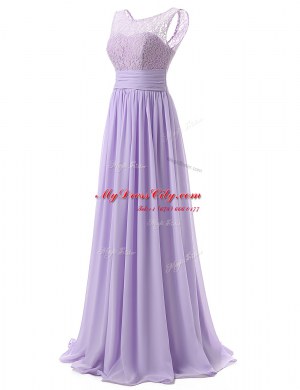 Scoop Lavender Sleeveless Sweep Train Lace With Train Prom Evening Gown