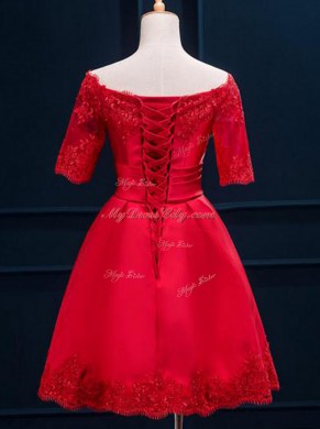 Satin Off The Shoulder Half Sleeves Lace Up Appliques and Pleated Prom Evening Gown in Red