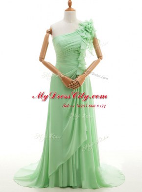 Pretty Green One Shoulder Lace Up Ruffles and Hand Made Flower Prom Dress Sweep Train Sleeveless