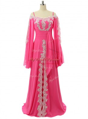 Discount Hot Pink A-line Lace and Sequins Prom Party Dress Zipper Chiffon Long Sleeves