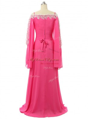 Discount Hot Pink A-line Lace and Sequins Prom Party Dress Zipper Chiffon Long Sleeves