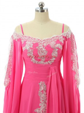 Discount Hot Pink A-line Lace and Sequins Prom Party Dress Zipper Chiffon Long Sleeves