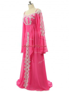 Discount Hot Pink A-line Lace and Sequins Prom Party Dress Zipper Chiffon Long Sleeves