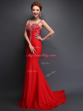 Mermaid Red Satin Zipper Spaghetti Straps Sleeveless With Train Prom Dress Brush Train Beading