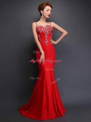 Mermaid Red Satin Zipper Spaghetti Straps Sleeveless With Train Prom Dress Brush Train Beading