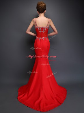 Mermaid Red Satin Zipper Spaghetti Straps Sleeveless With Train Prom Dress Brush Train Beading