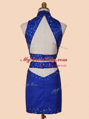 Elegant Backless Mini Length Royal Blue Dress for Prom Satin Sleeveless Beading