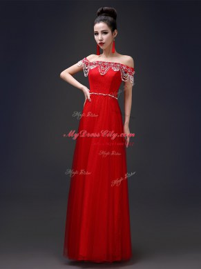 Sexy Off the Shoulder Sleeveless Tulle and Lace Floor Length Lace Up Evening Dress in Red with Beading