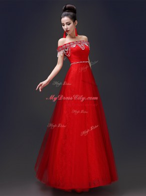 Sexy Off the Shoulder Sleeveless Tulle and Lace Floor Length Lace Up Evening Dress in Red with Beading