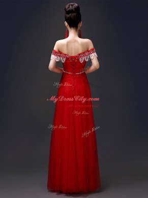 Sexy Off the Shoulder Sleeveless Tulle and Lace Floor Length Lace Up Evening Dress in Red with Beading