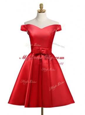 Graceful A-line Prom Evening Gown Red Off The Shoulder Satin Sleeveless Knee Length Lace Up