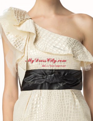 Sumptuous One Shoulder Champagne Satin Zipper Prom Gown Sleeveless Mini Length Ruffles and Sashes ribbons