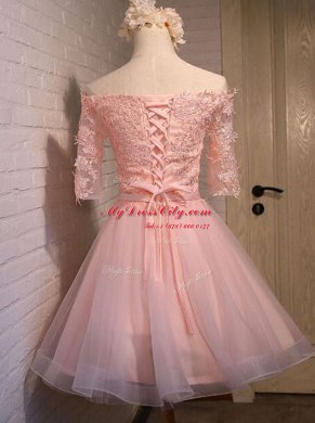 Artistic Peach Lace Up Off The Shoulder Appliques Organza Short Sleeves