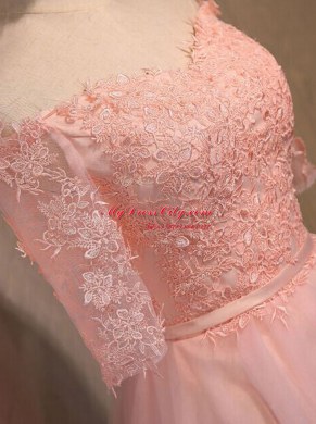 Artistic Peach Lace Up Off The Shoulder Appliques Organza Short Sleeves
