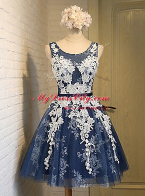 Decent Scoop Navy Blue Lace Up Prom Gown Appliques Sleeveless Knee Length