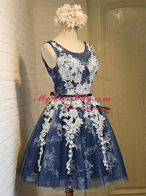 Decent Scoop Navy Blue Lace Up Prom Gown Appliques Sleeveless Knee Length