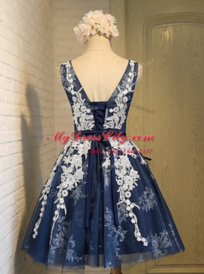 Decent Scoop Navy Blue Lace Up Prom Gown Appliques Sleeveless Knee Length