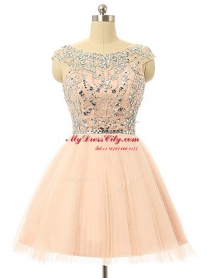 Scoop Beading and Sequins Prom Dresses Peach Zipper Sleeveless Knee Length