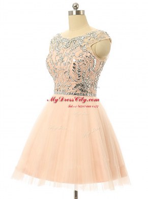 Scoop Beading and Sequins Prom Dresses Peach Zipper Sleeveless Knee Length