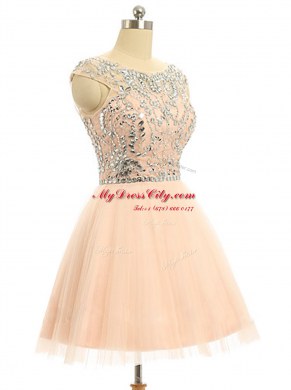 Scoop Beading and Sequins Prom Dresses Peach Zipper Sleeveless Knee Length
