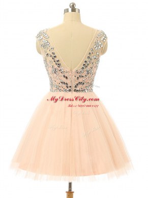 Scoop Beading and Sequins Prom Dresses Peach Zipper Sleeveless Knee Length