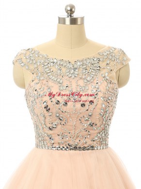 Scoop Beading and Sequins Prom Dresses Peach Zipper Sleeveless Knee Length