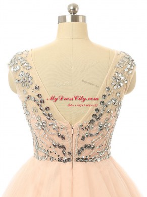 Scoop Beading and Sequins Prom Dresses Peach Zipper Sleeveless Knee Length