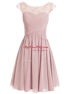 Scoop Pink A-line Beading Prom Party Dress Zipper Chiffon Cap Sleeves Knee Length