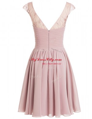 Scoop Pink A-line Beading Prom Party Dress Zipper Chiffon Cap Sleeves Knee Length