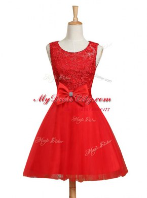 Mini Length Red Prom Gown Scoop Sleeveless Lace Up