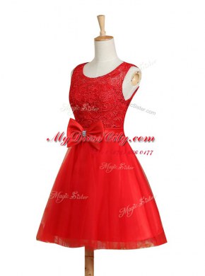 Mini Length Red Prom Gown Scoop Sleeveless Lace Up